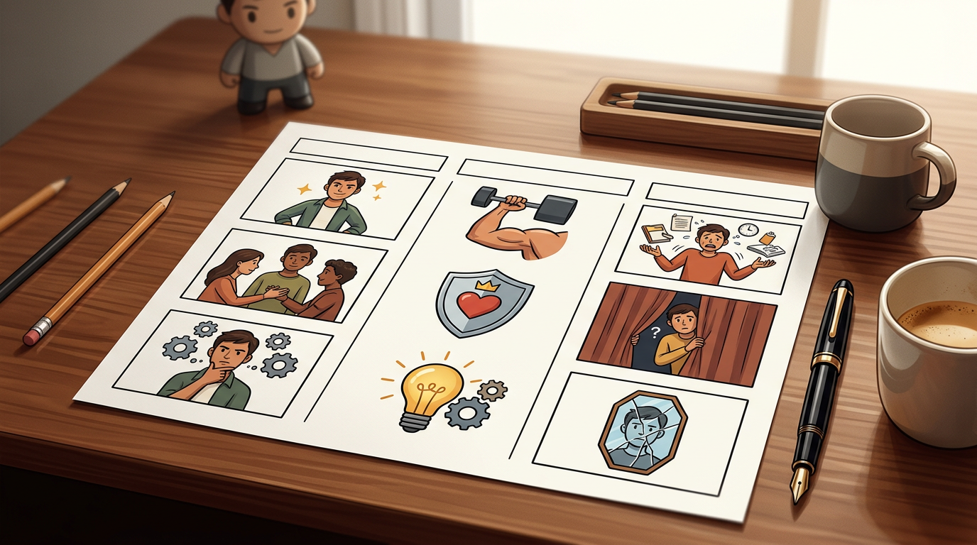 A creative storyboard layout for developing a new character persona.