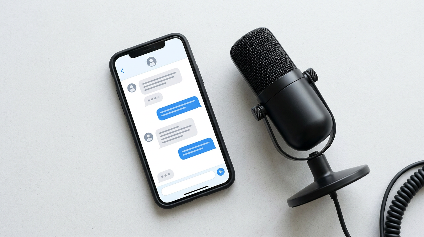 Smartphone displaying an AI chat interface and a professional microphone, representing modern content creation tools.