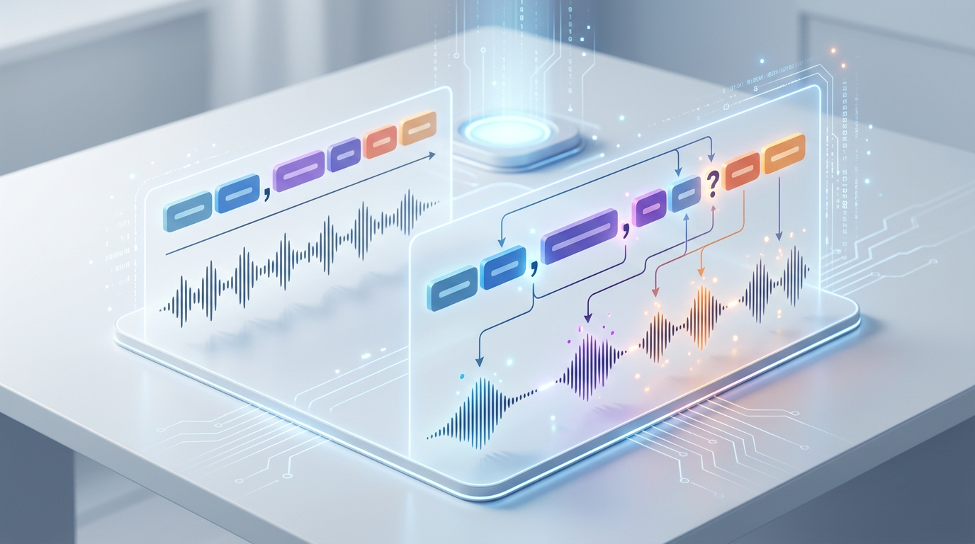 A diagram illustrating how punctuation marks like commas and ellipses change the pacing of AI generated speech.