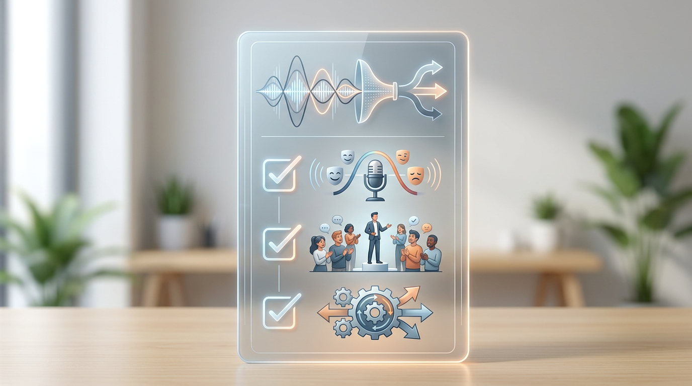 A checklist graphic for selecting the right AI voice for video content.