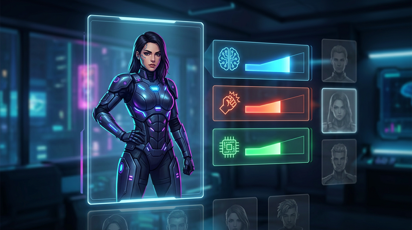 Futuristic character selection screen featuring a sci-fi action heroine avatar.