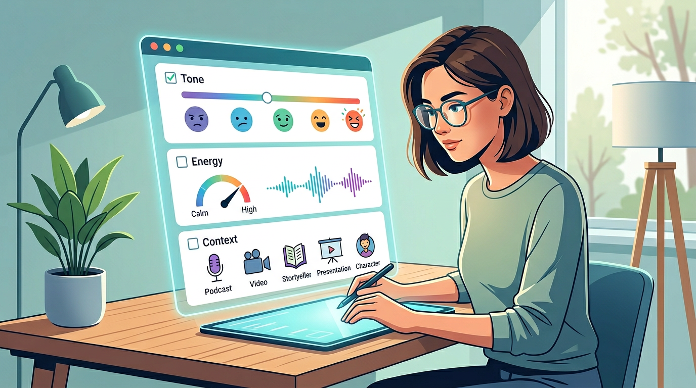 A checklist graphic for selecting the right AI character voice for video content.