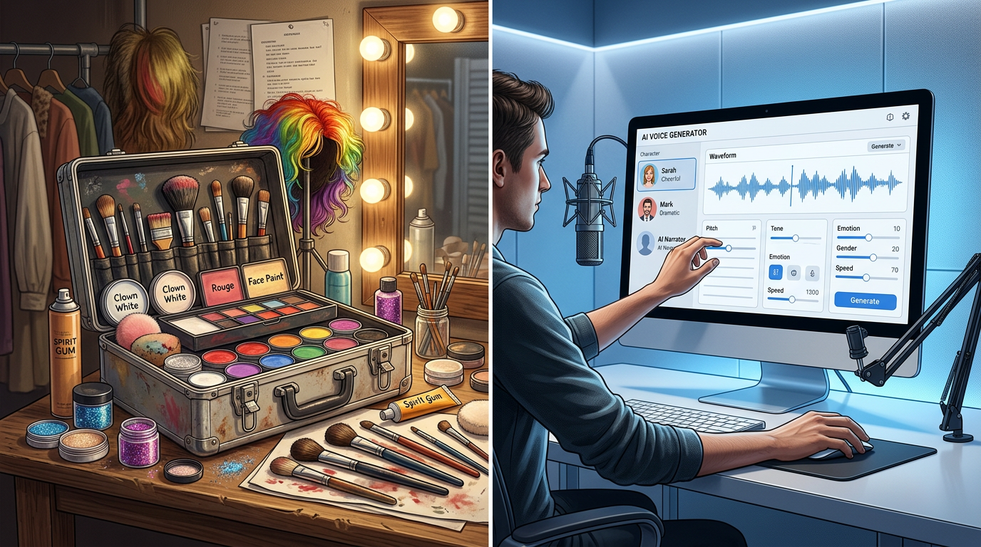 A visual comparison between traditional comedy makeup and modern AI voice generation tools.