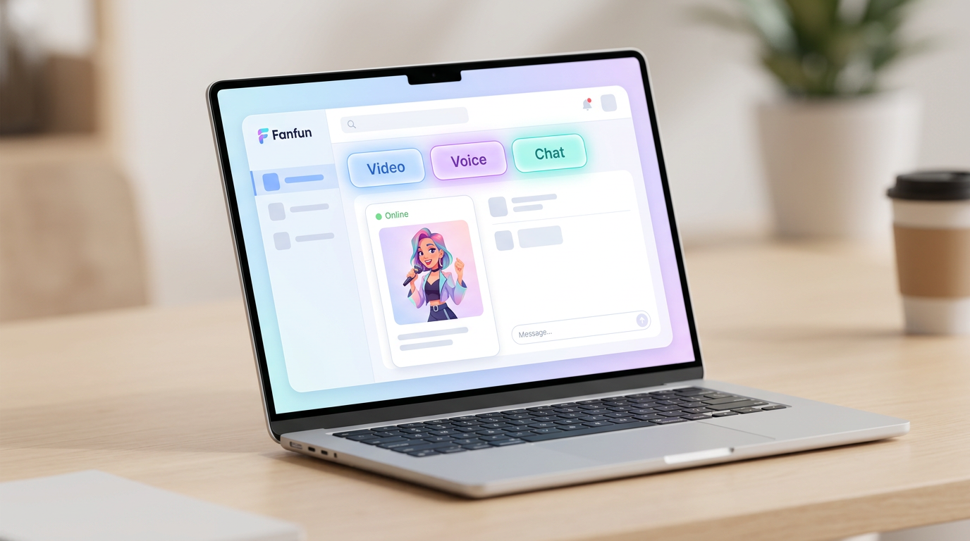 Fanfun dashboard interface showing options for AI video, voice generator, and chat.