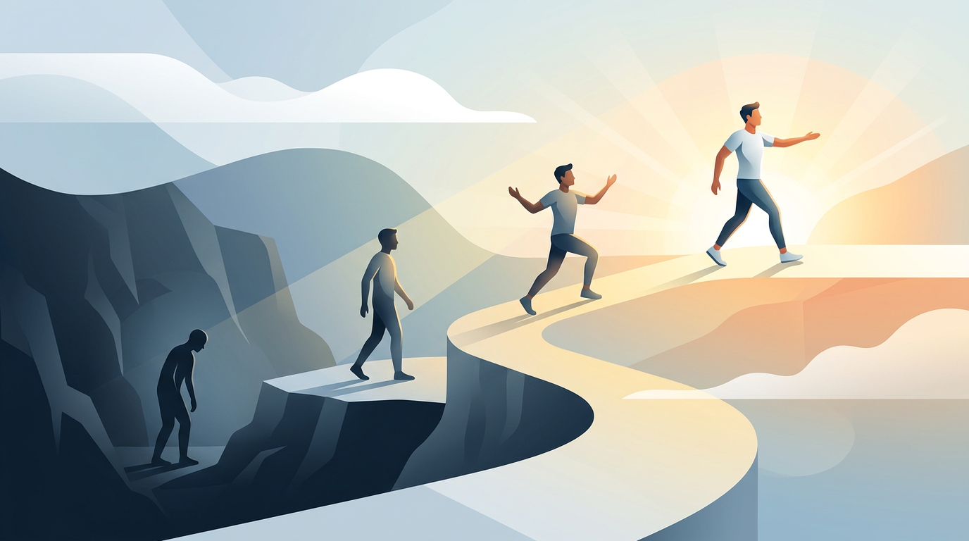 A graphic showing the progression of a character arc from uncertainty to mastery.