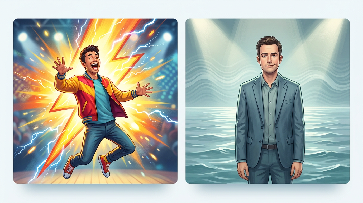 Comparison chart illustrating the difference between high-energy comedy and deadpan delivery.