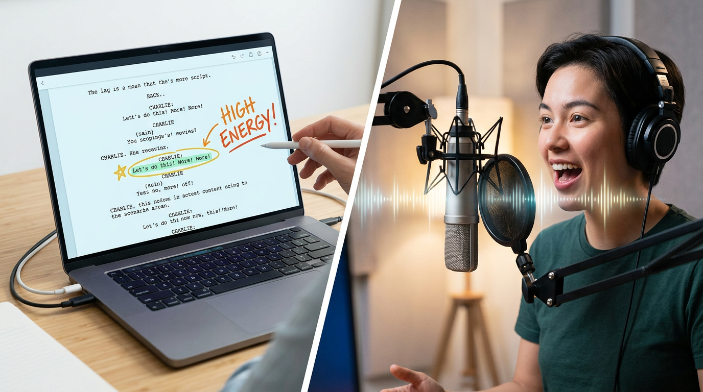 A conceptual image of a comedy script being transformed into an AI voice project.