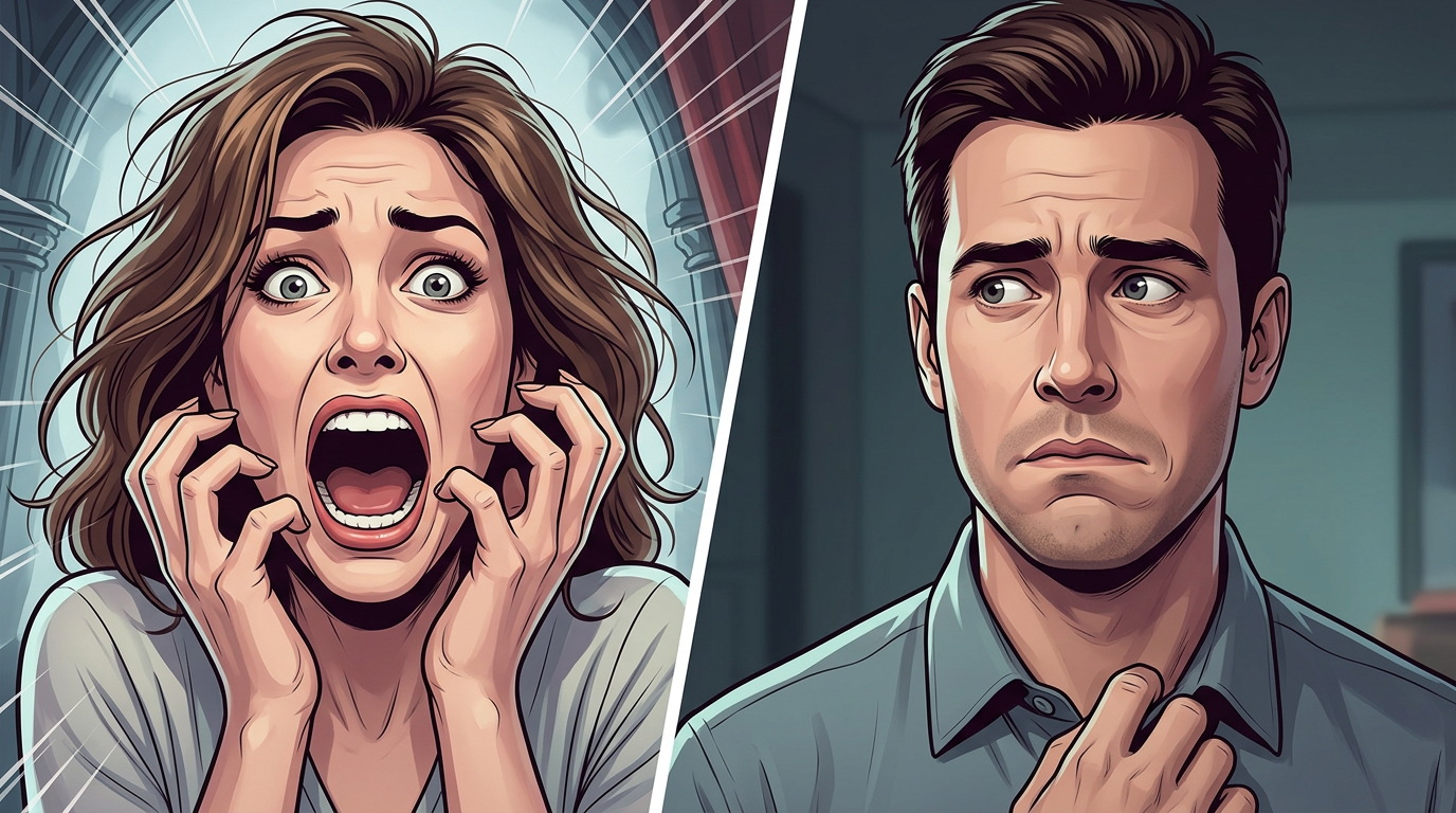 Comparison graphic showing the difference between theatrical and grounded horror acting styles.