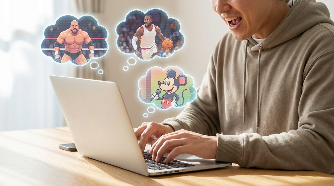 Illustration of a fan generating instant video messages from various AI characters and athletes.