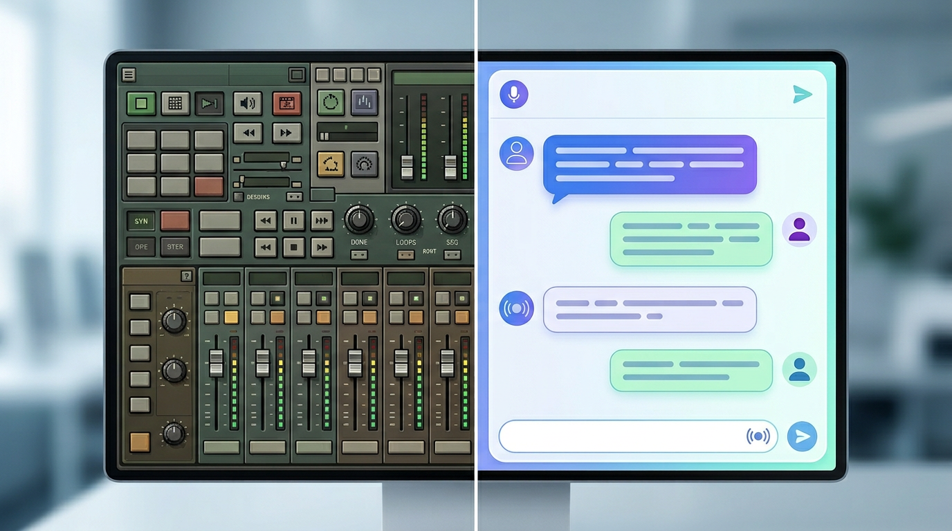 Comparison between old static soundboards and modern interactive AI chat interfaces.