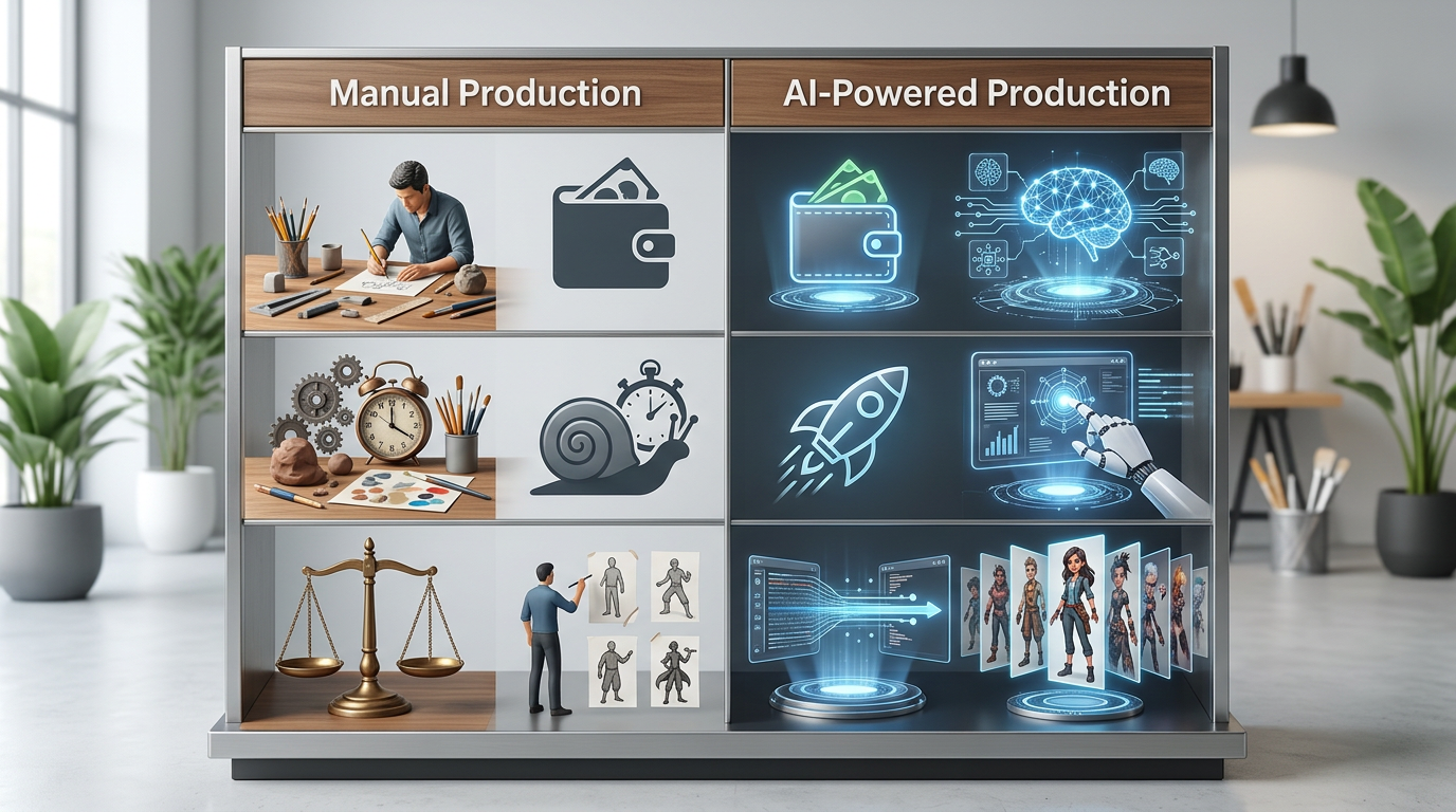 A comparison table outlining the benefits of using AI tools versus traditional talent for character content creation.