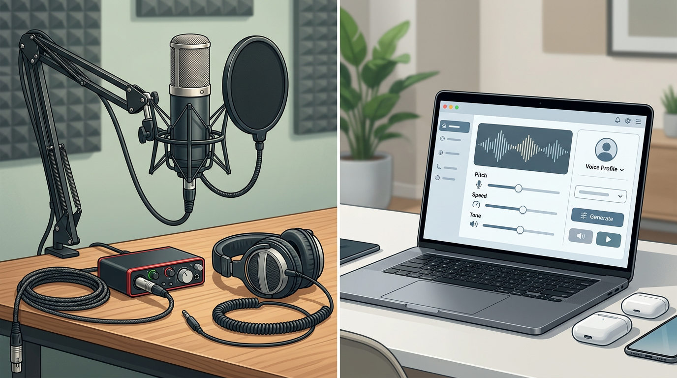 Visual comparison between traditional audio recording and modern AI voice generation tools.