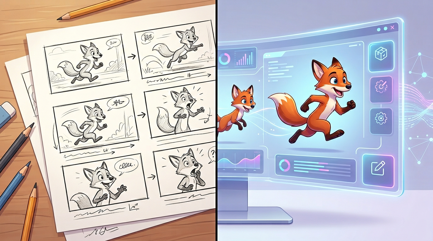 Comparison graphic showing the evolution from traditional animation to AI-driven voice generation.