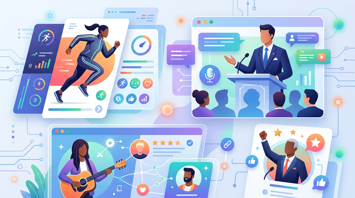 A collection of digital UI icons representing various celebrity and character AI voices available for content creation.