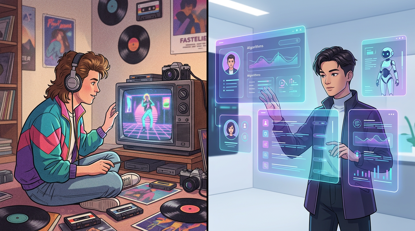 A visual comparison showing the evolution from 80s television aesthetics to modern digital AI interaction.
