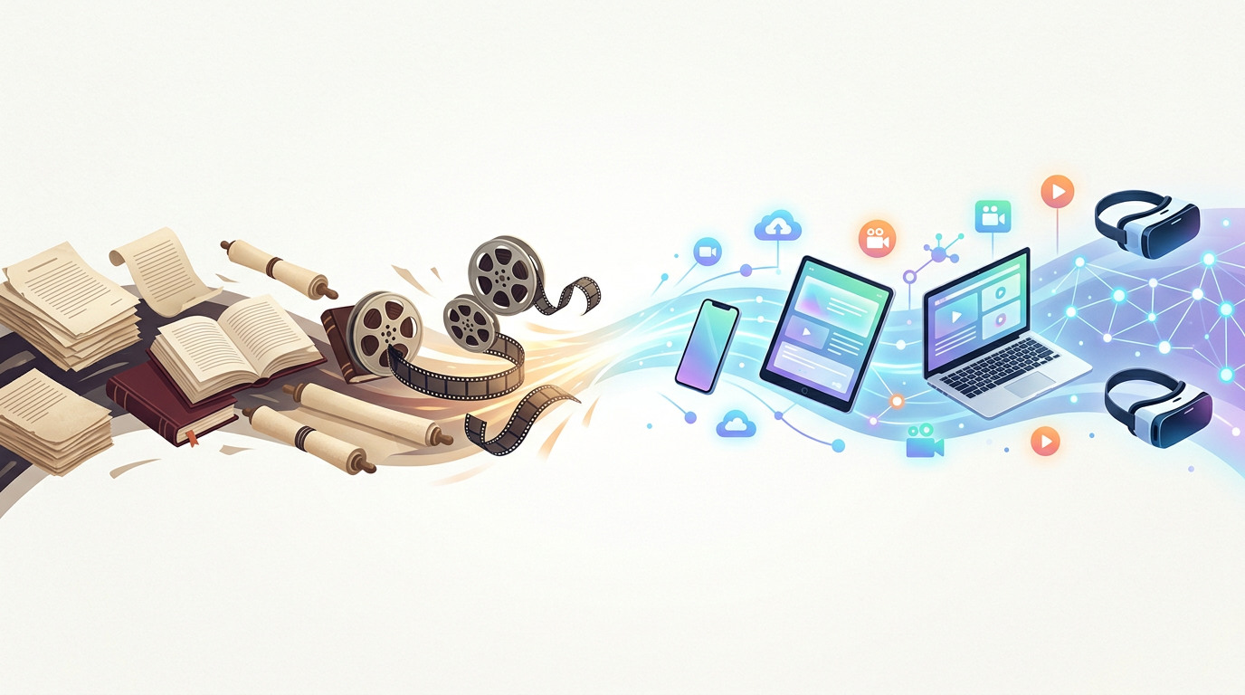 A timeline graphic showing the evolution of media from traditional formats to interactive digital storytelling.