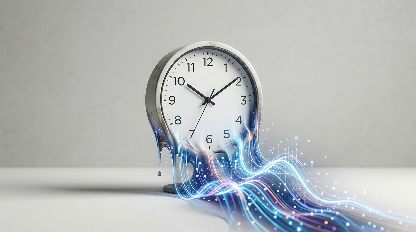 A conceptual illustration of a clock transforming into a digital wave, symbolizing the speed of AI content.
