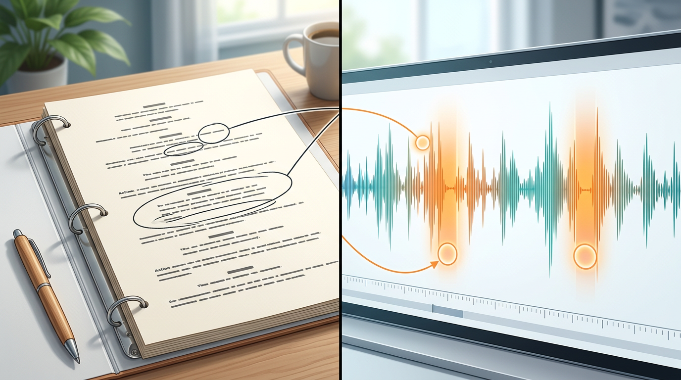 Visual breakdown of a script showing how to use pauses and dry delivery to improve comedic timing in AI voice generators.