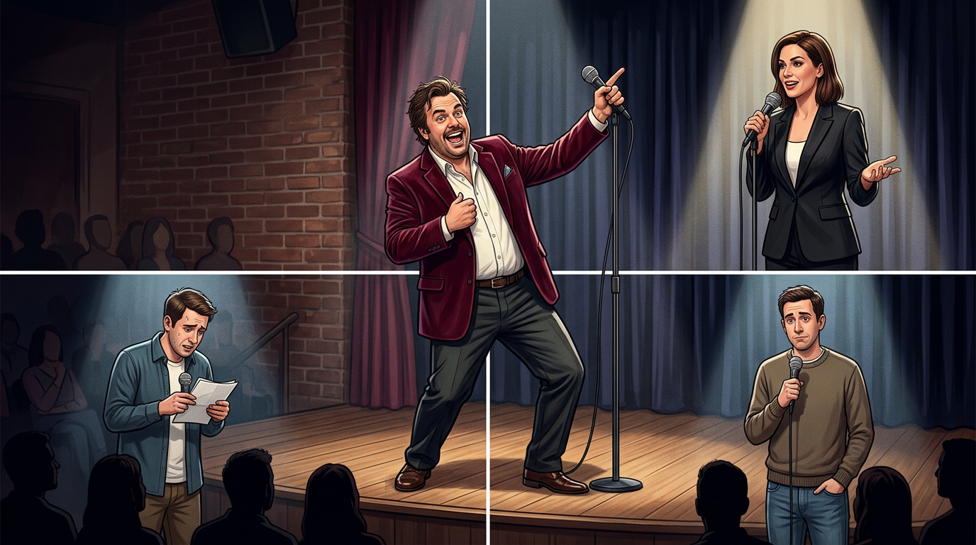 A quadrant chart illustrating the relationship between character confidence and actual competence in comedy.