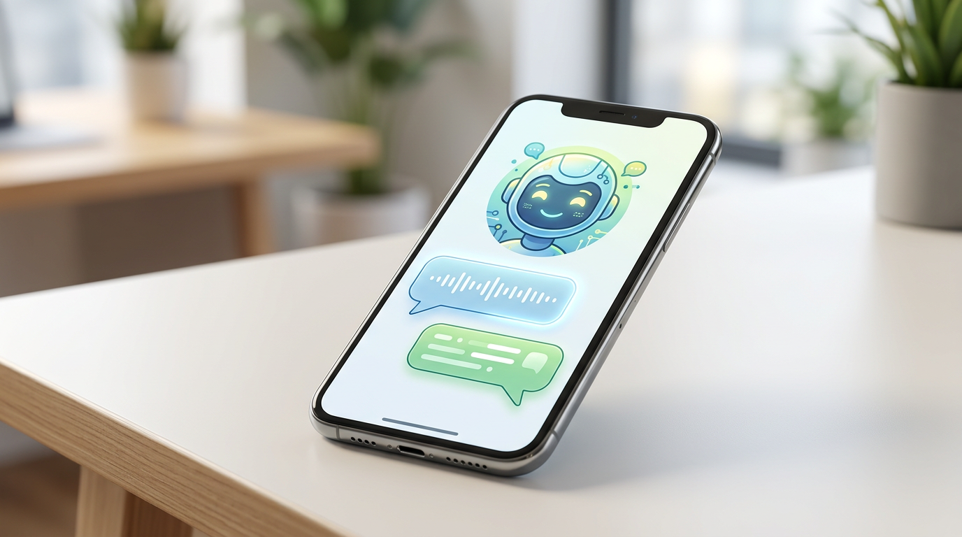 An illustration of a smartphone displaying an interactive AI character conversation.