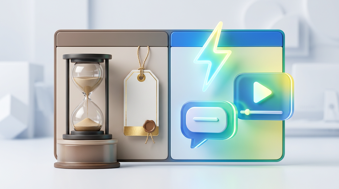 Comparison graphic showing traditional video wait times versus instant AI delivery
