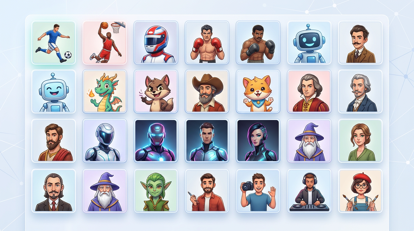 Selection menu of various AI personas including sports stars and cartoon characters.