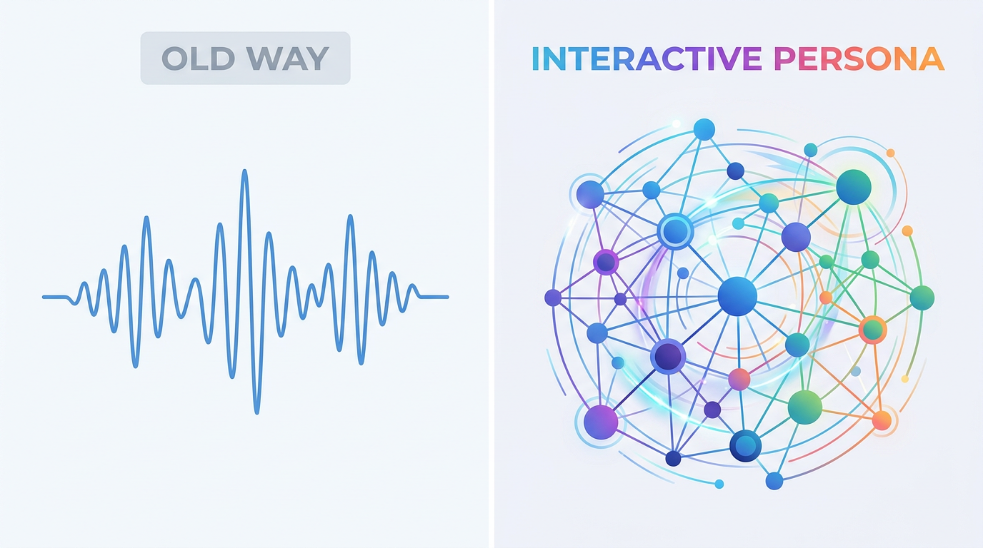 Comparison between static AI voice waves and interactive AI persona networks.