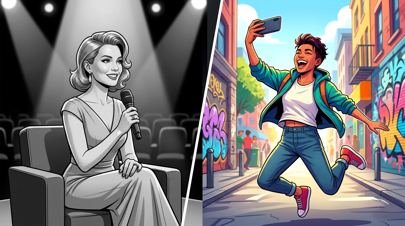 Comparison of traditional scripted celebrity content versus modern high-energy viral content.