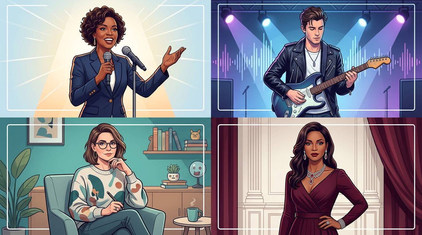 A variety of AI celebrity personas available for content creation.