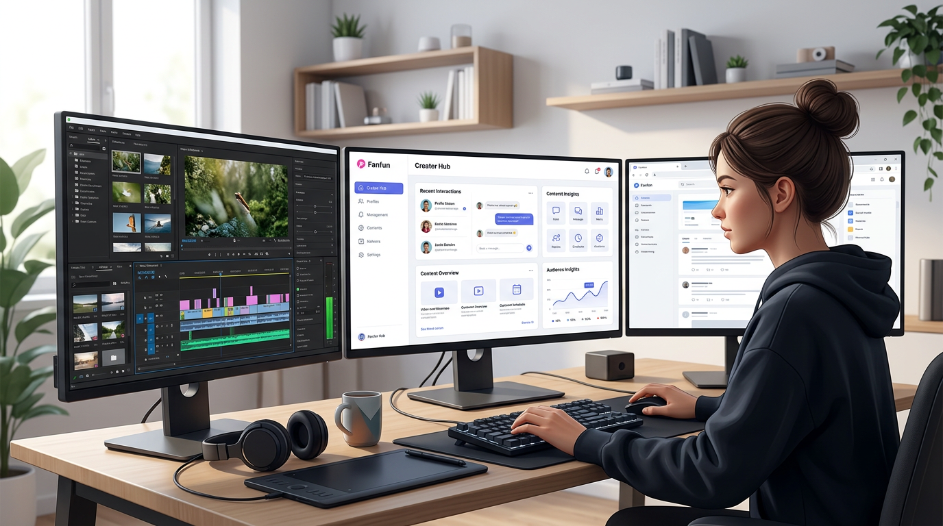A content creator using AI voice tools to edit a video project.