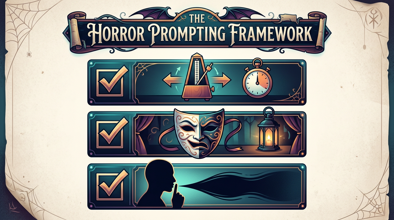 A checklist infographic for creators on how to prompt AI characters for horror-themed content.