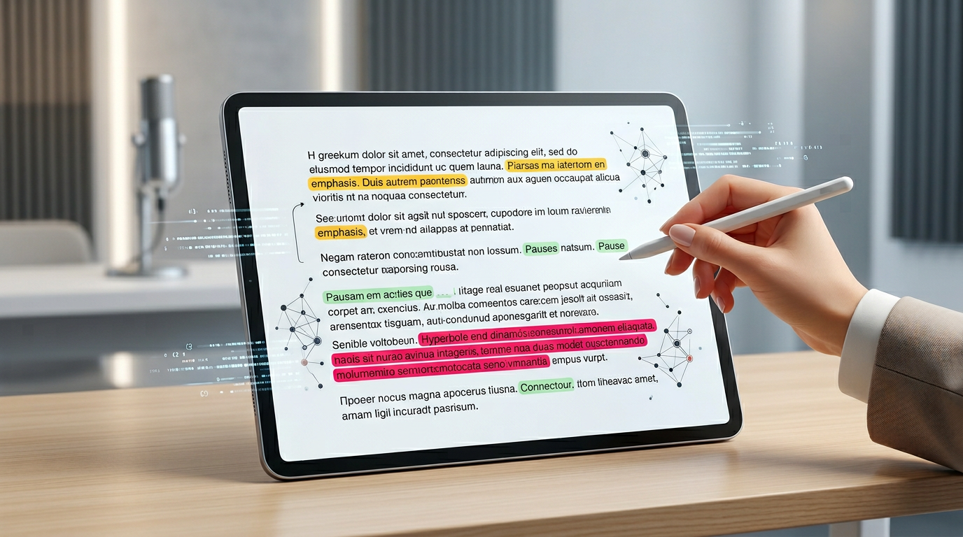 A script writing guide for AI voices highlighting pause and emphasis markers.