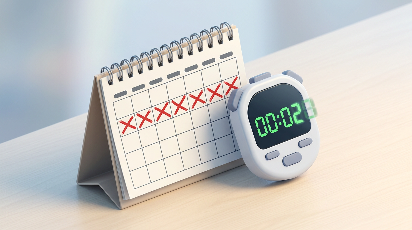 A calendar with crossed-out days next to a fast digital stopwatch.