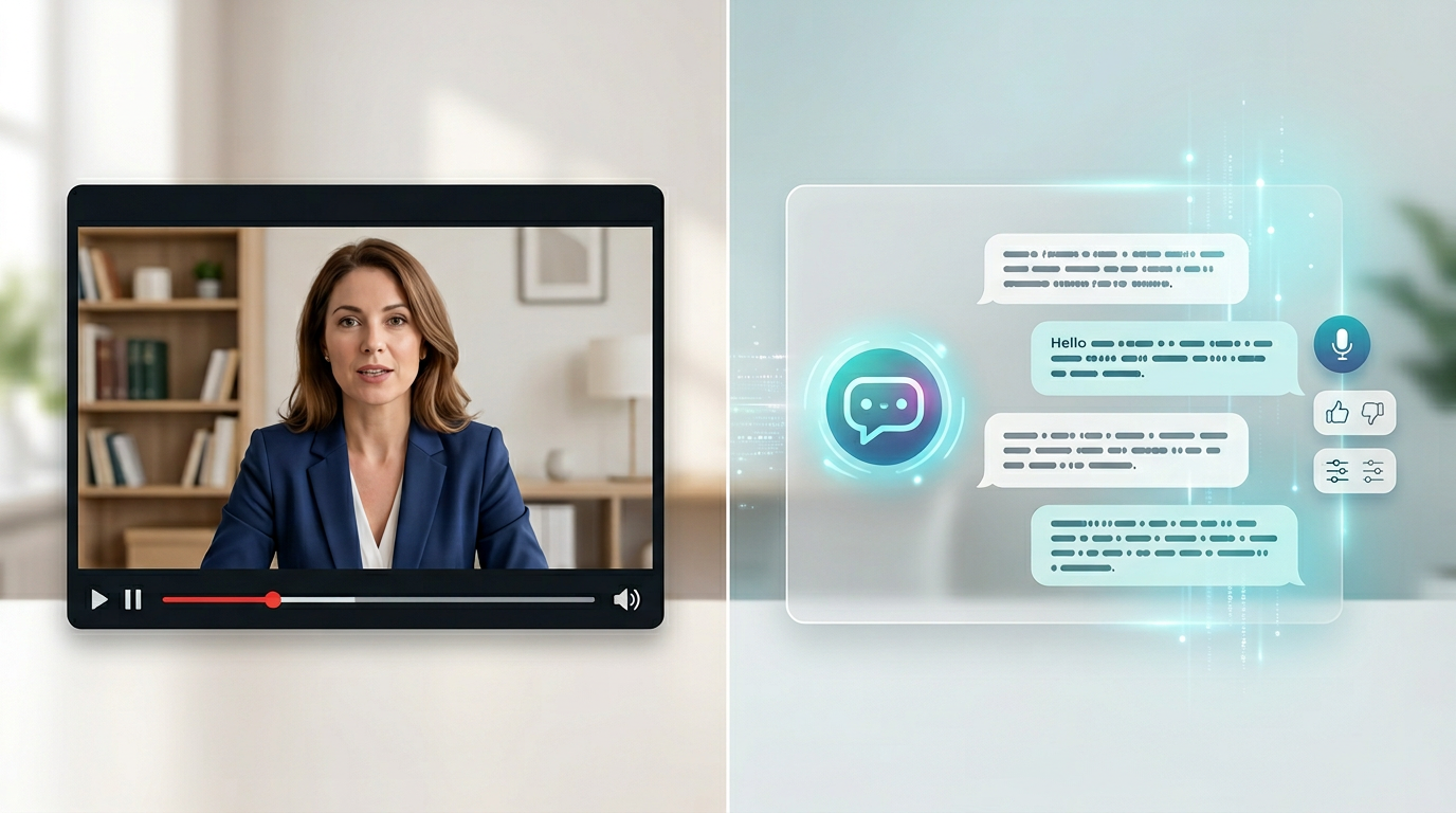 Comparison graphic between static celebrity videos and interactive AI persona interfaces.