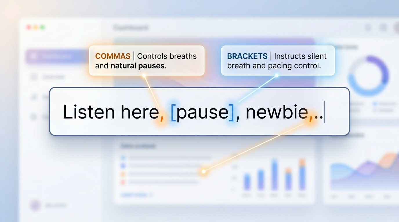 A digital interface highlighting how punctuation like commas and brackets influence AI voice generation pacing.