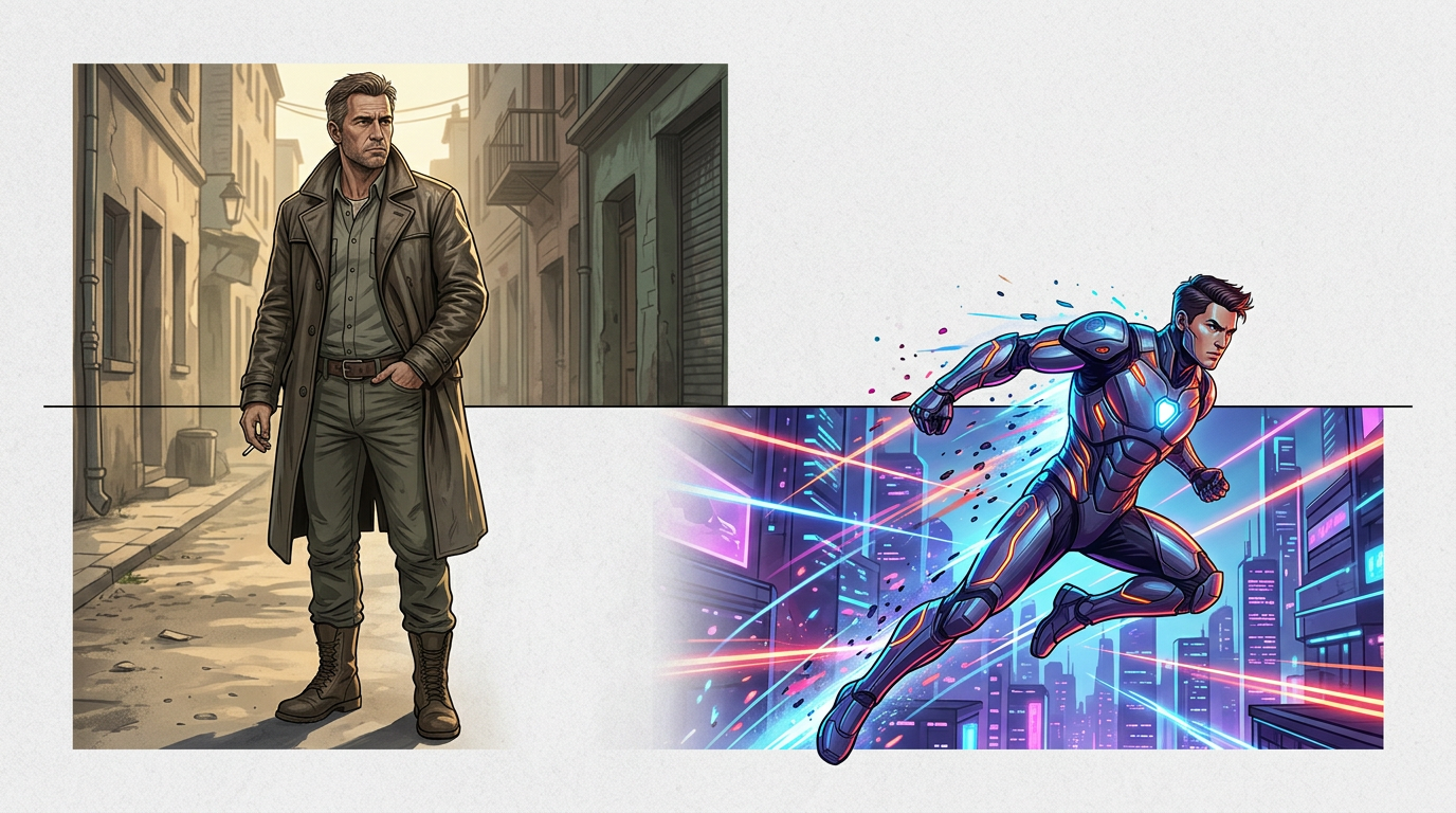 A chart comparing the traits of classic 70s action heroes with modern digital archetypes.