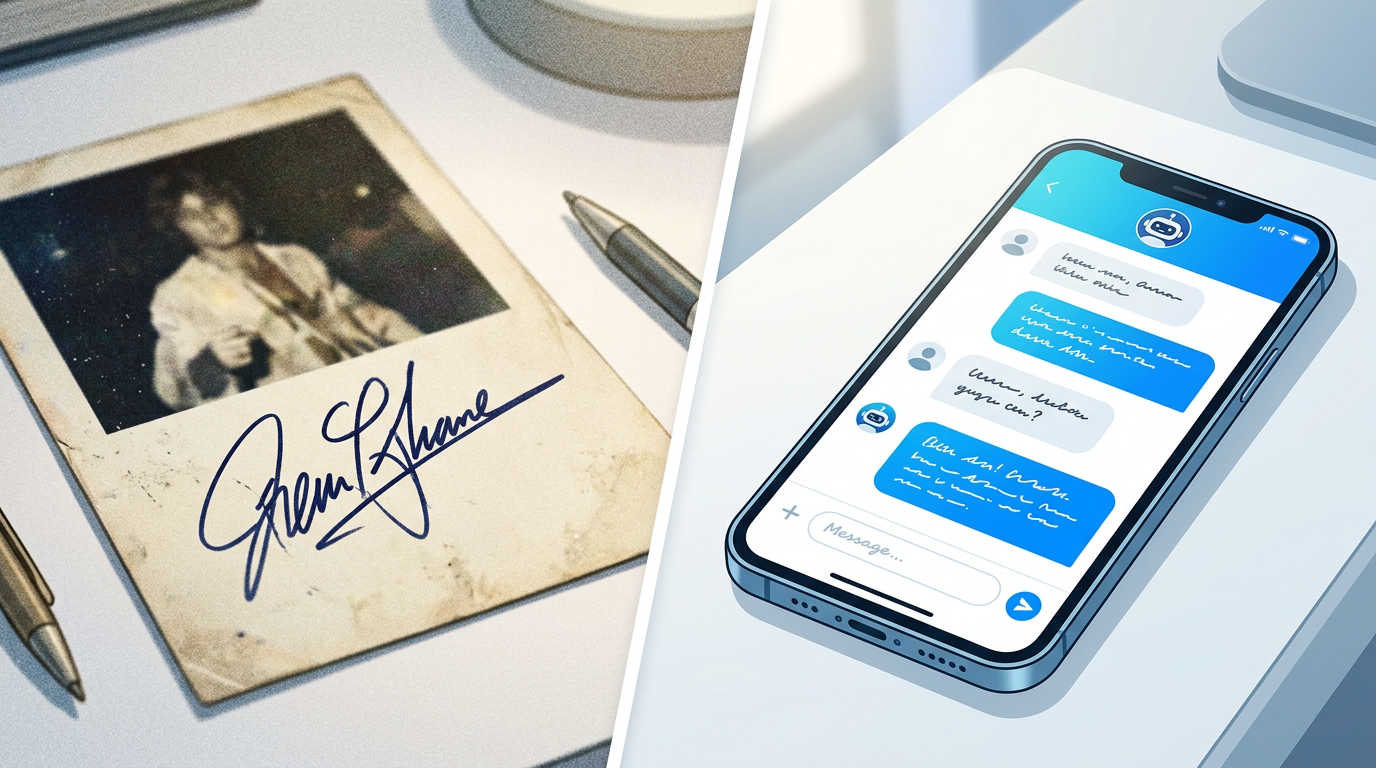 Comparison of old-school celebrity autographs versus modern AI-powered interactive chat.