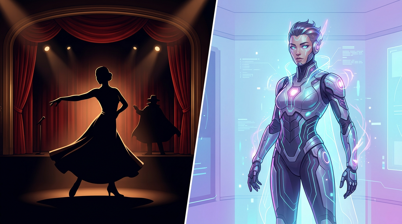 Comparison of traditional character acting silhouettes and modern AI-generated digital personas.