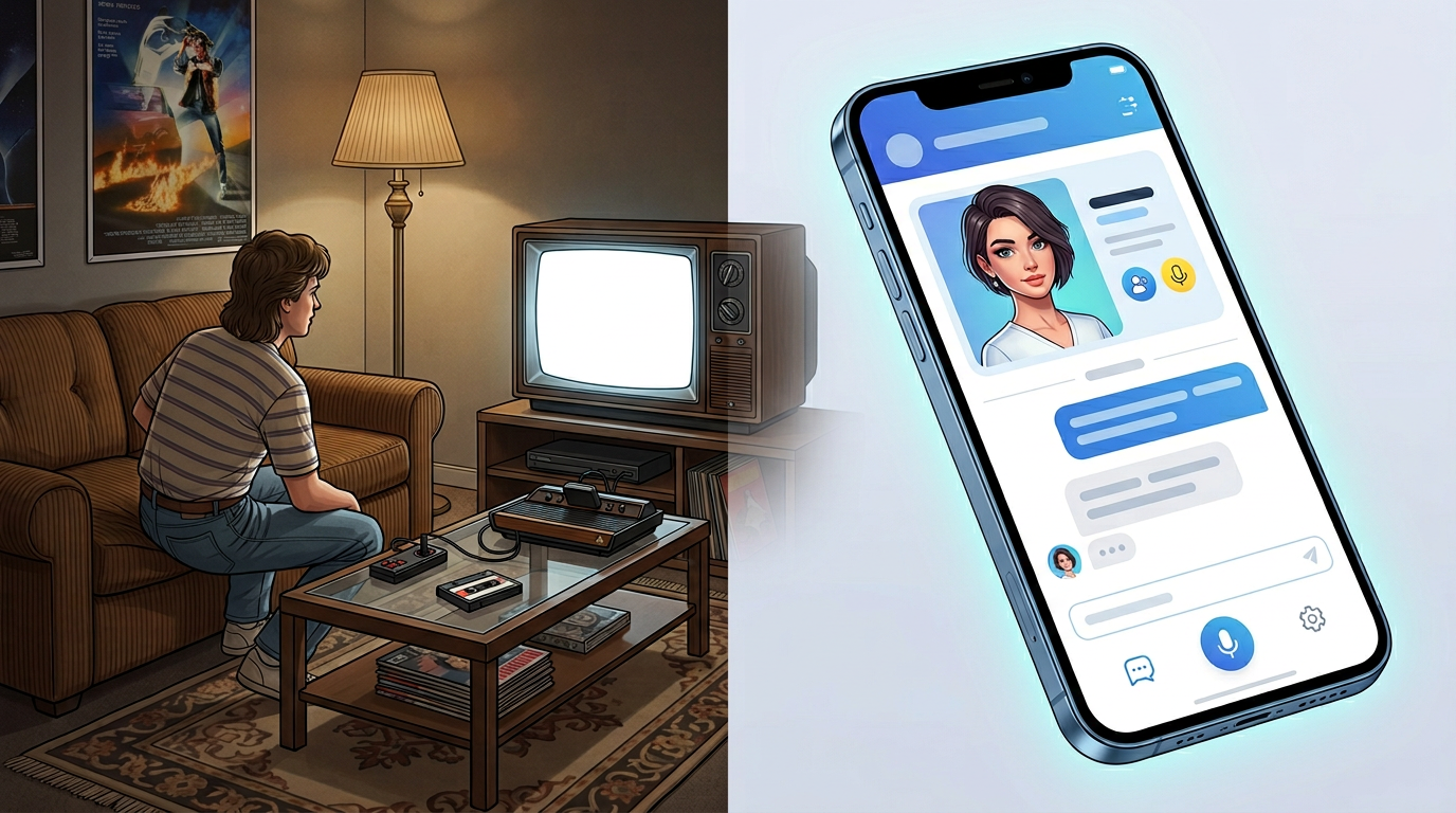 A comparison graphic showing the evolution of character-based entertainment from 80s television to modern AI platforms.