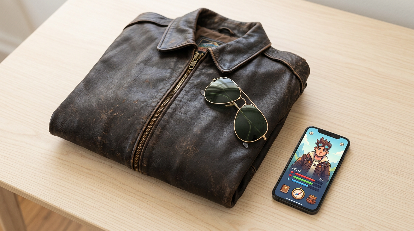 A creative workspace combining 80s action-hero props with modern digital technology tools.