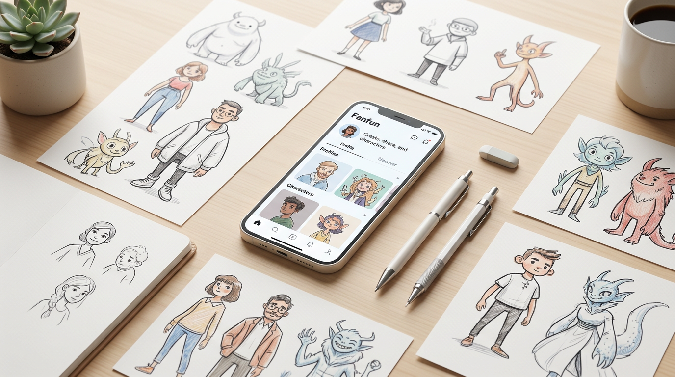 A creative workspace showing the Fanfun AI interface for character and voice generation.