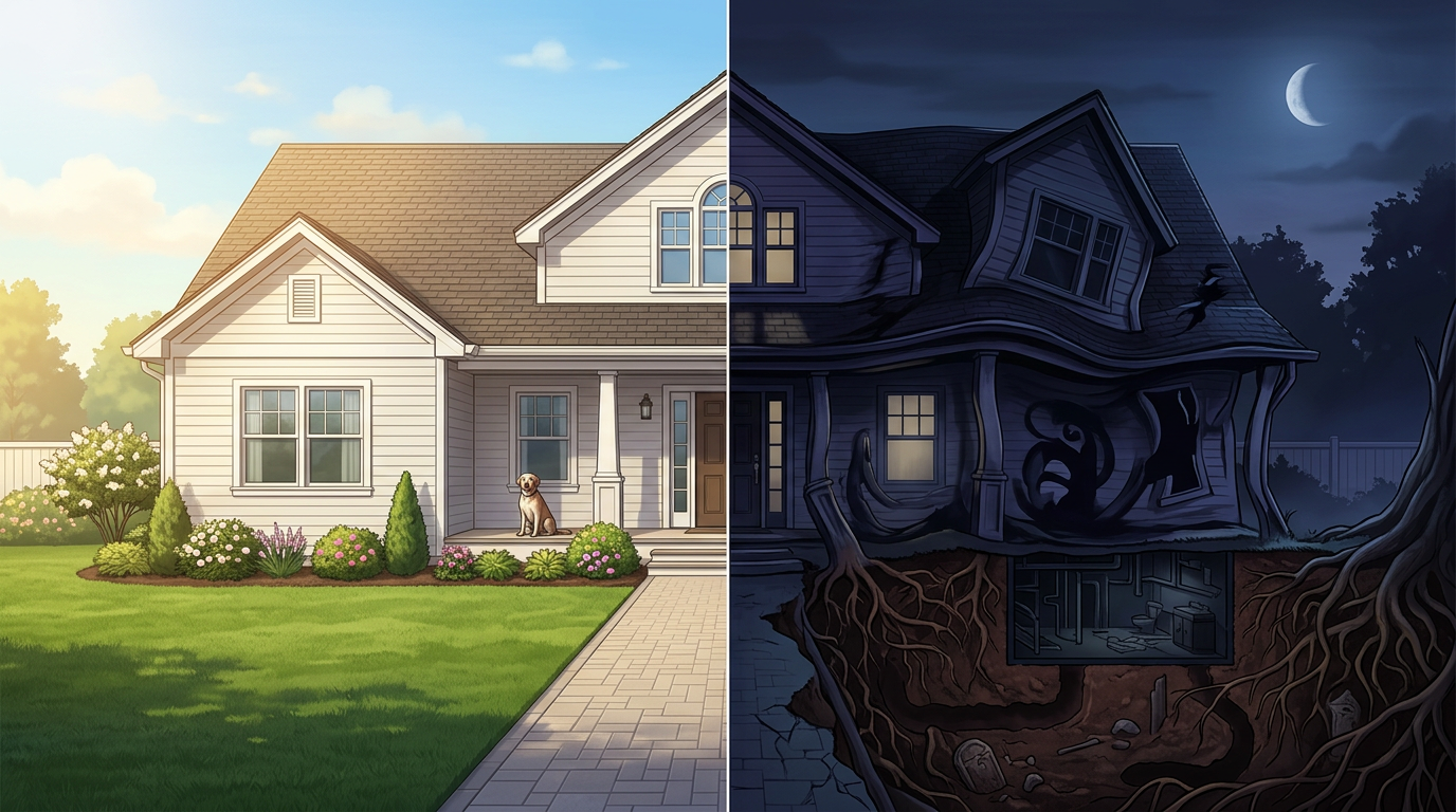 Visual representation of the suburban noir archetype showing the contrast between outward appearance and internal hidden secrets.