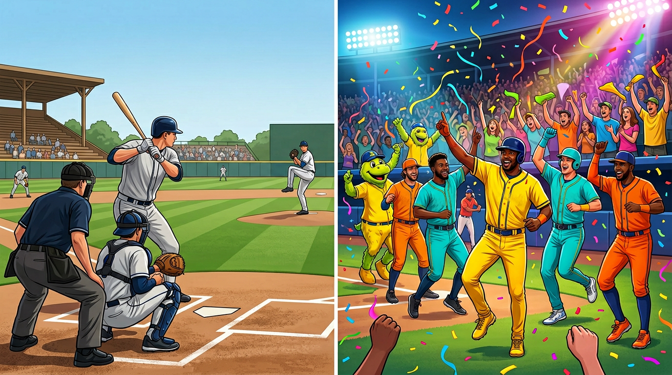 Comparison of traditional baseball versus the high-energy, colorful spectacle of Banana Ball.