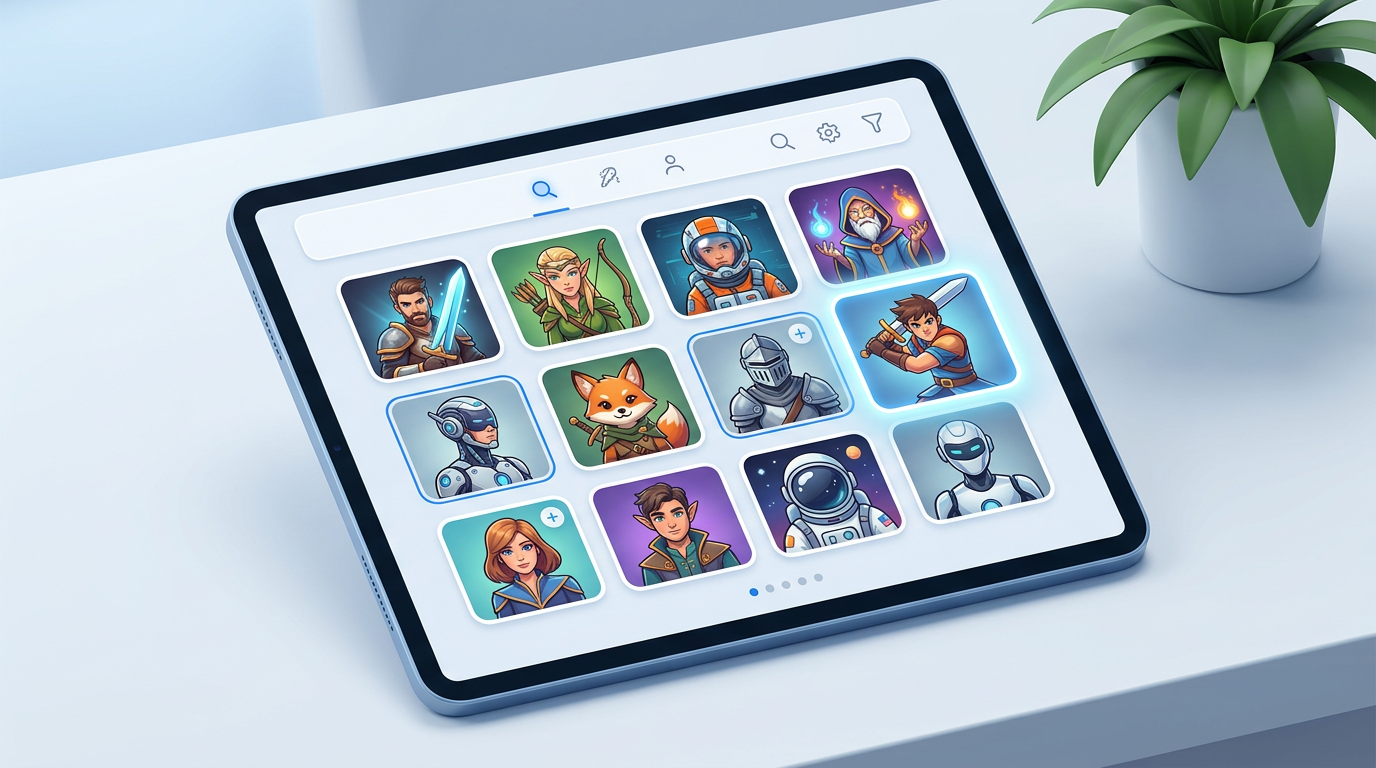 The Fanfun character library interface showing various celebrity and character personas available for instant content creation.