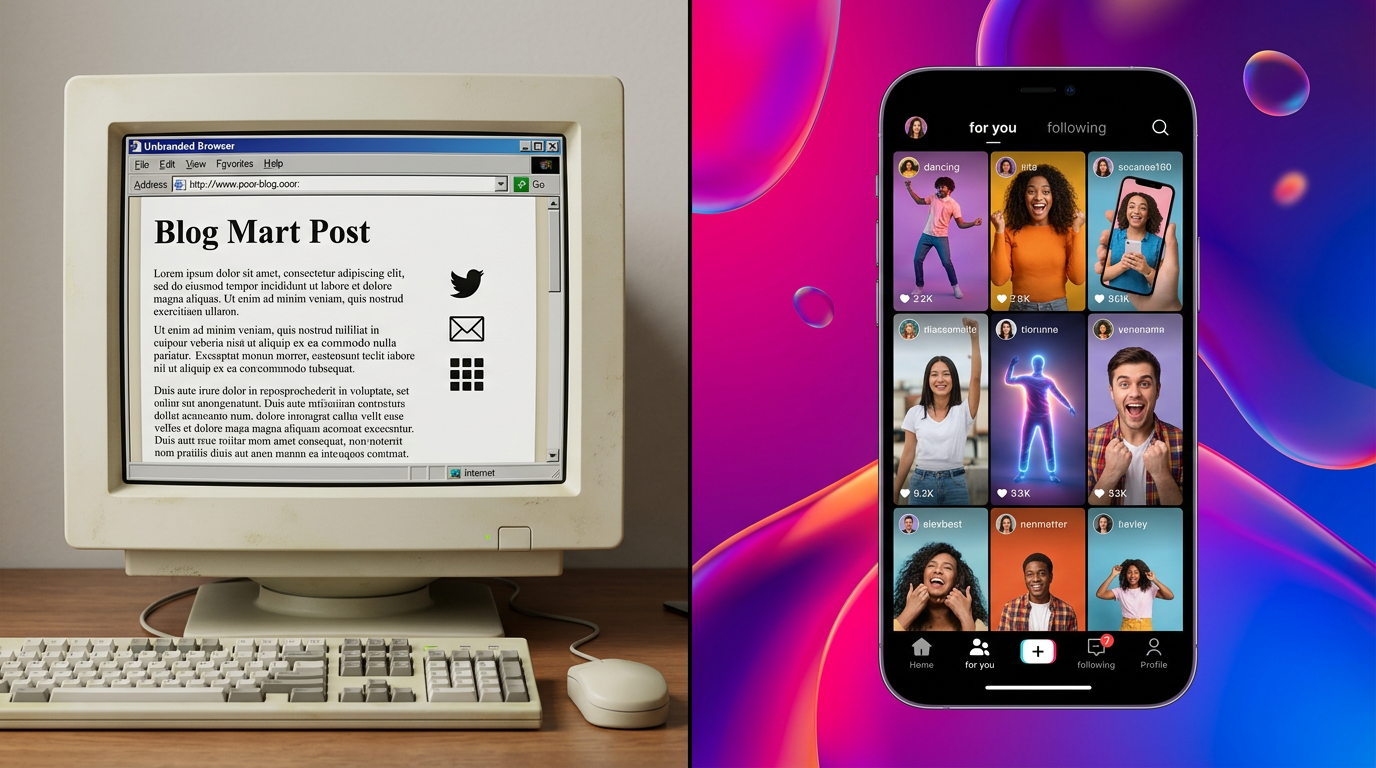 Comparison of old-school text-based blogging and modern AI-enhanced video content.