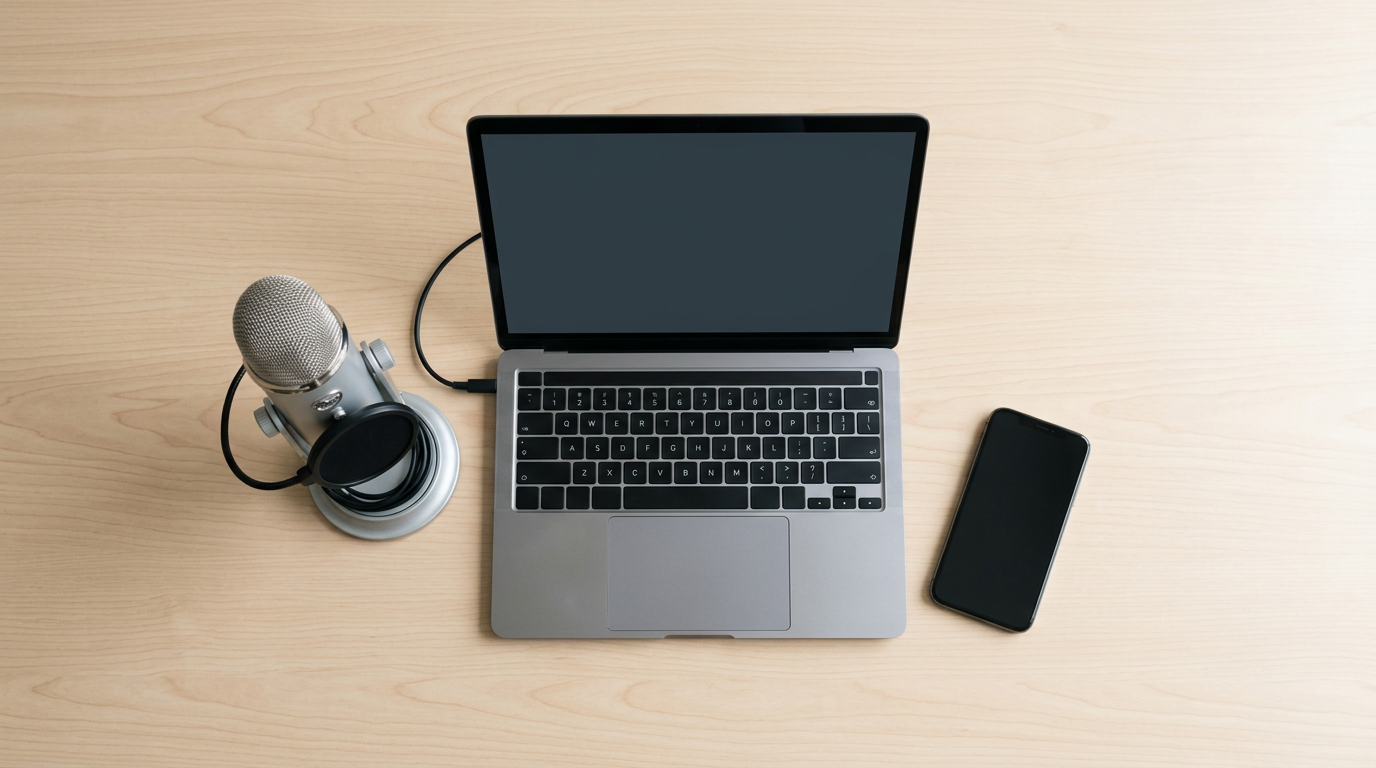 A modern content creator's desk setup with a laptop and microphone.