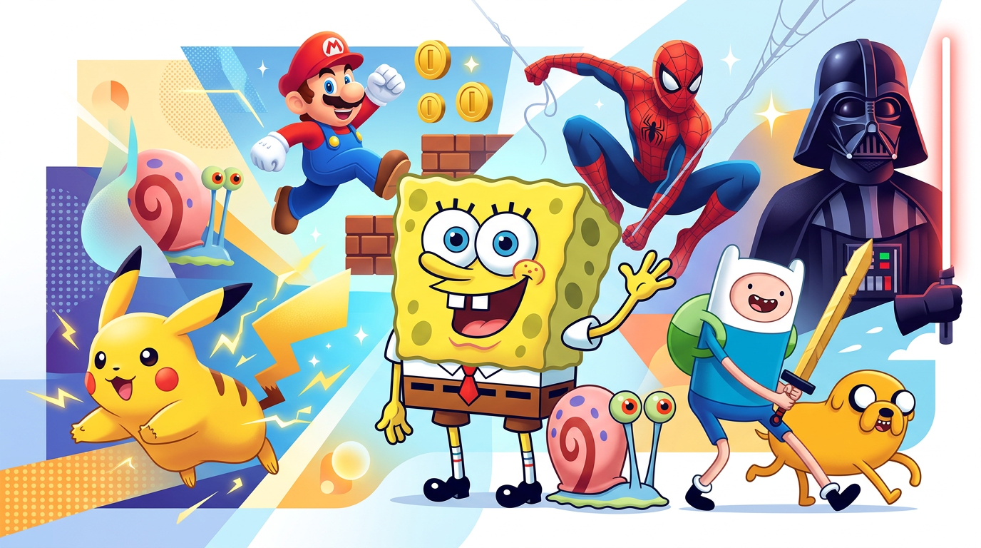 A colorful digital montage of popular animated and pop-culture character archetypes.