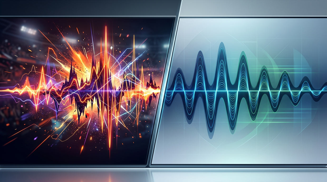 Visualization of vocal cadences comparing high-energy sports personalities with the precise, controlled tone of Agent 47.