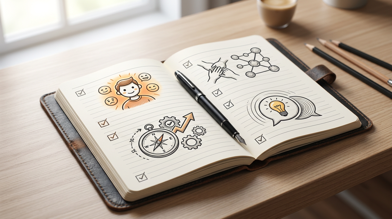 A digital notebook page listing the key elements of a compelling AI persona including cadence, tone, and emotional context.