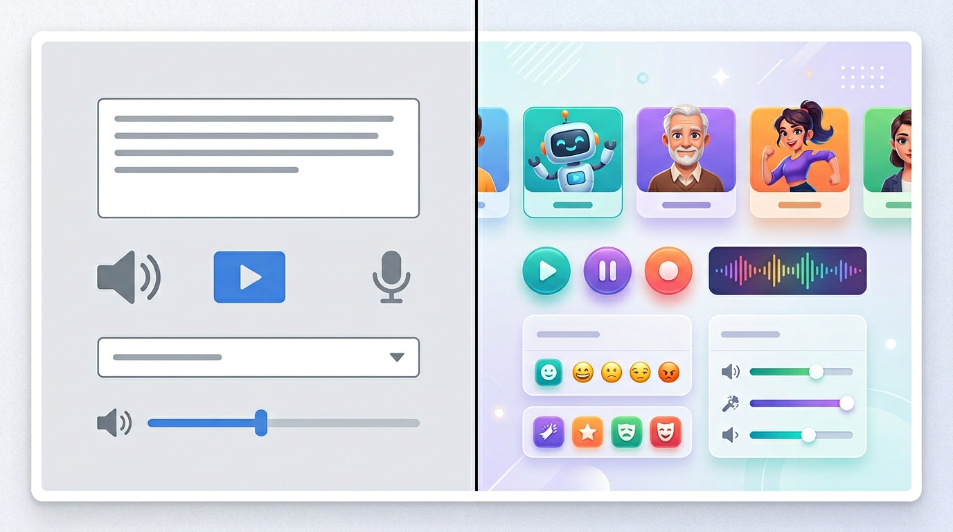 Comparison of a basic text-to-speech interface and the feature-rich Fanfun creator platform.